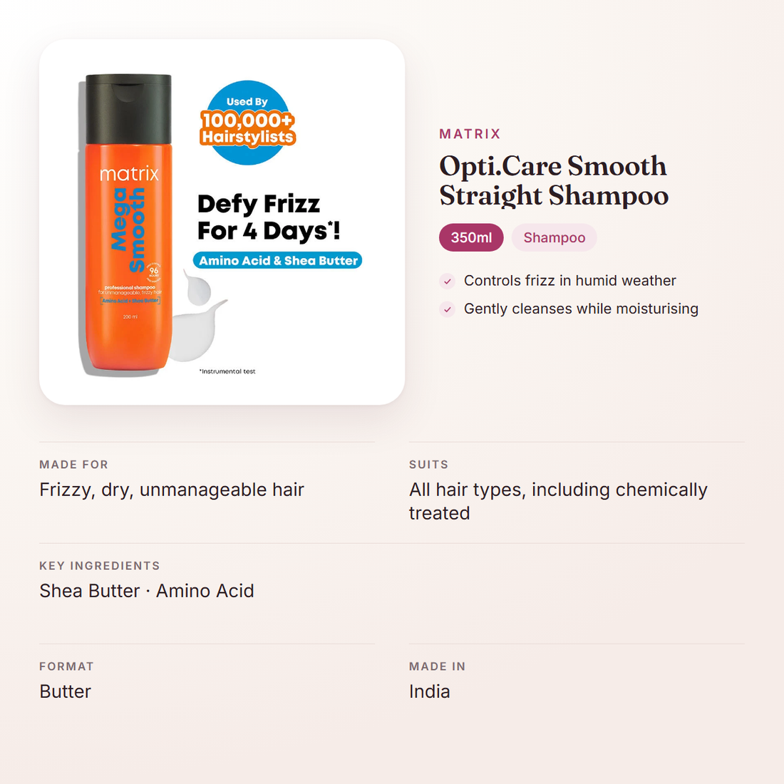 Matrix Opti.Care Smooth Straight Shampoo (350ml) – at a glance: what it is for, who it suits and key ingredients