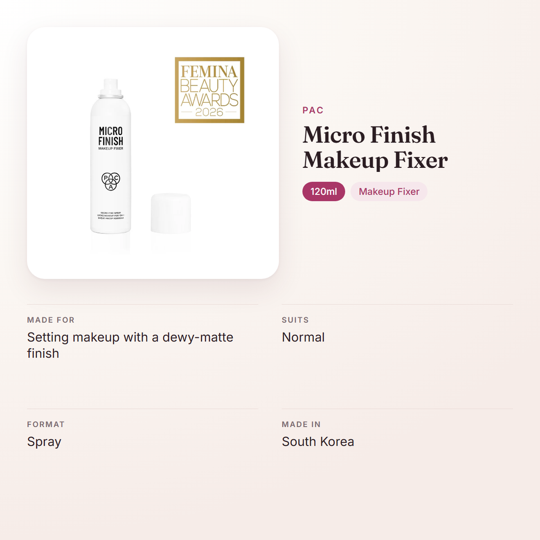 PAC Micro Finish Makeup Fixer (120ml) – at a glance: what it is for, who it suits and key ingredients