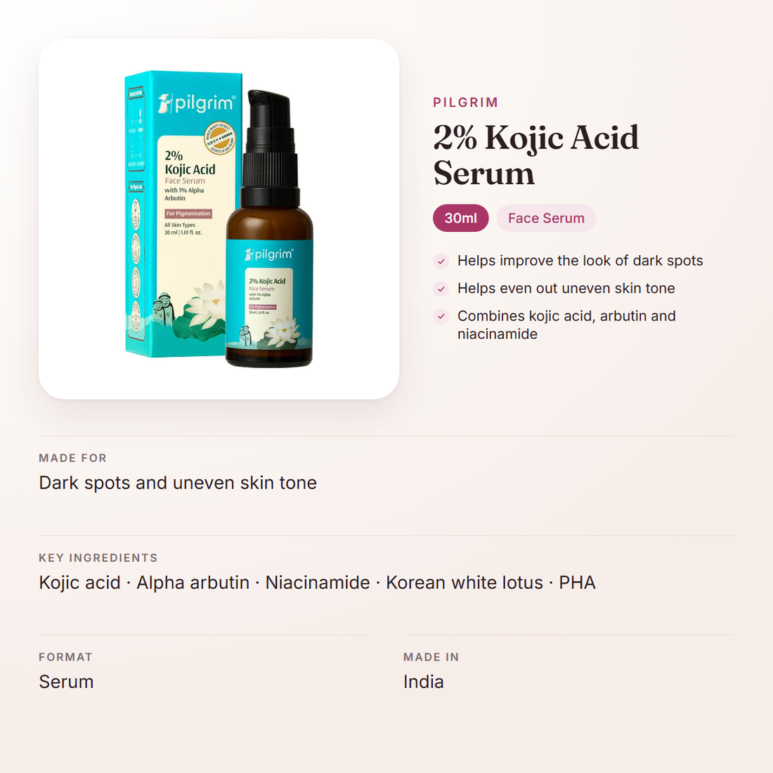 Pilgrim 2% Kojic Acid Serum (30ml) – at a glance: what it is for, who it suits and key ingredients