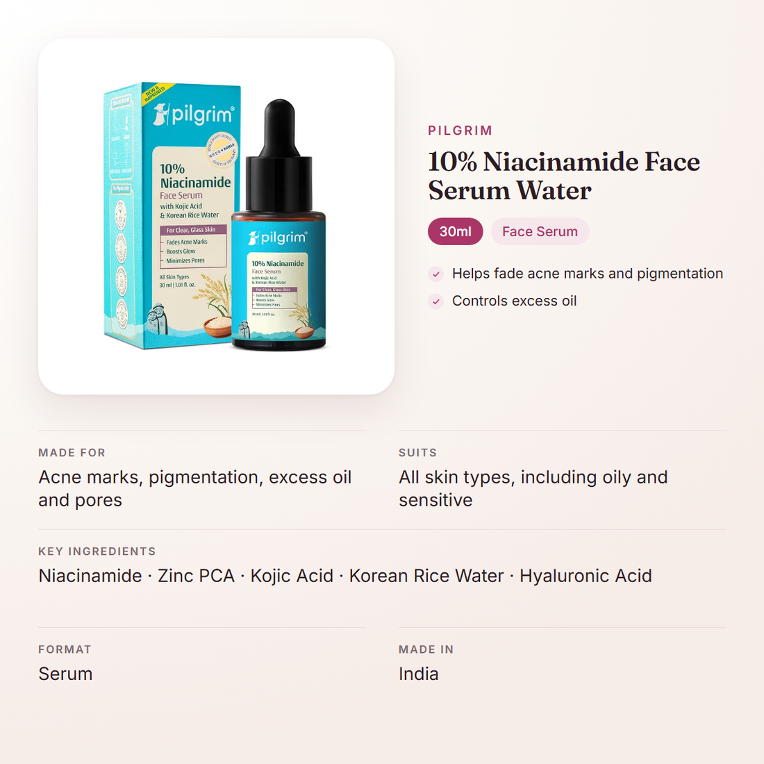 Pilgrim 10% Niacinamide Face Serum Water (30ml) – at a glance: what it is for, who it suits and key ingredients
