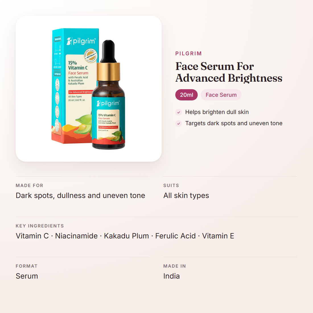 Pilgrim Face Serum For Advanced Brightness (20ml) – at a glance: what it is for, who it suits and key ingredients