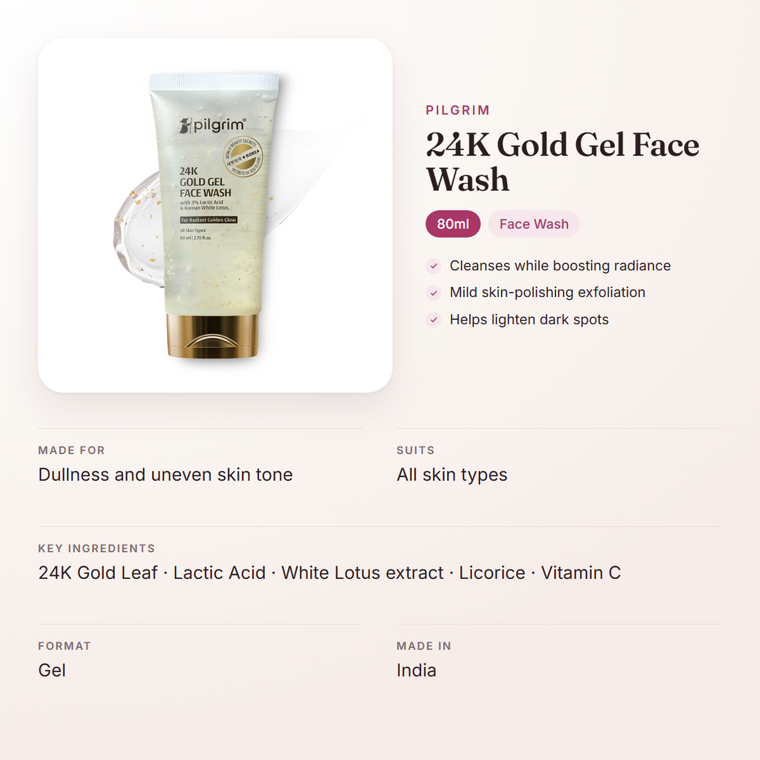 Pilgrim 24K Gold Gel Face Wash (80ml) – at a glance: what it is for, who it suits and key ingredients