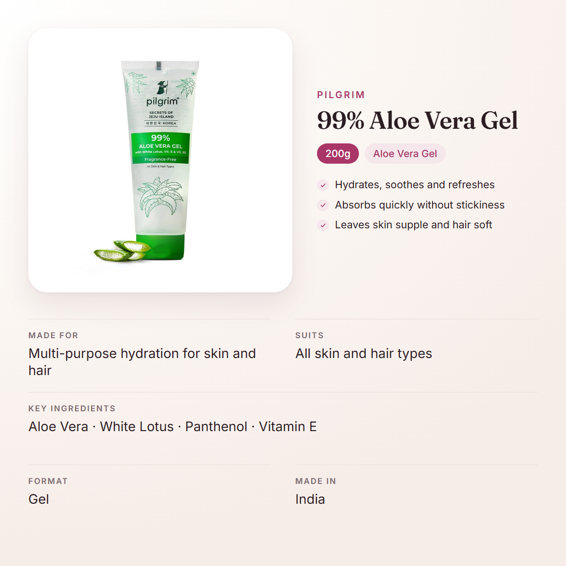 Pilgrim 99% Aloe Vera Gel (200g) – at a glance: what it is for, who it suits and key ingredients