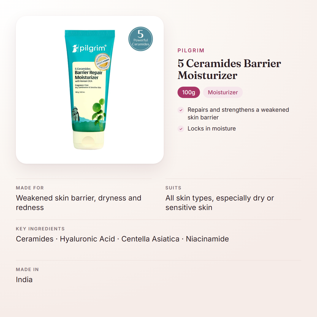 Pilgrim 5 Ceramides Barrier Moisturizer (100g) – at a glance: what it is for, who it suits and key ingredients