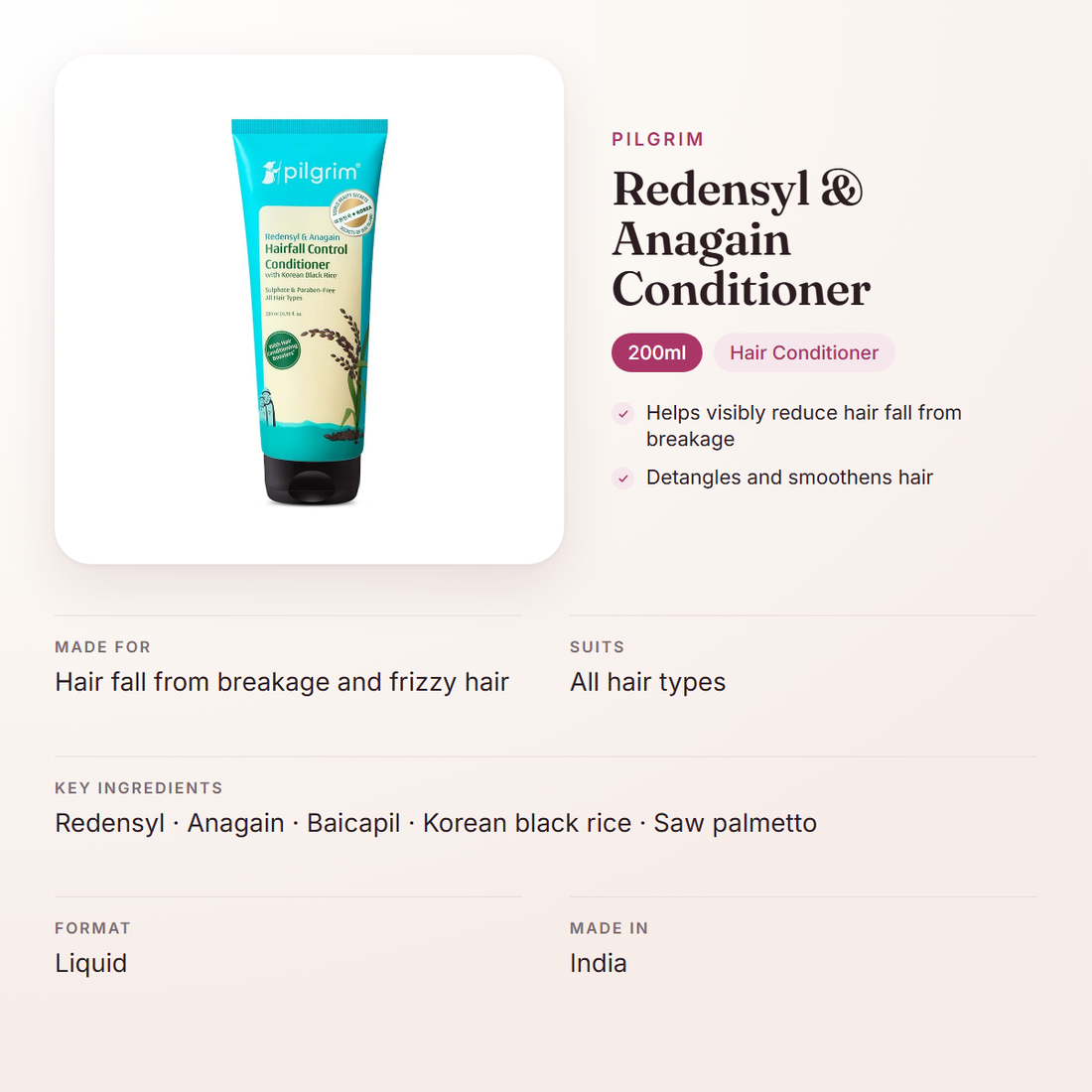 Pilgrim Redensyl & Anagain Conditioner (200ml) – at a glance: what it is for, who it suits and key ingredients