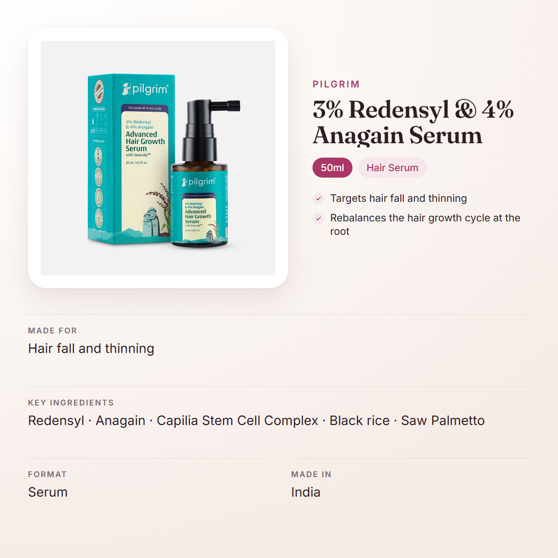 Pilgrim 3% Redensyl & 4% Anagain Serum (50ml) – at a glance: what it is for, who it suits and key ingredients