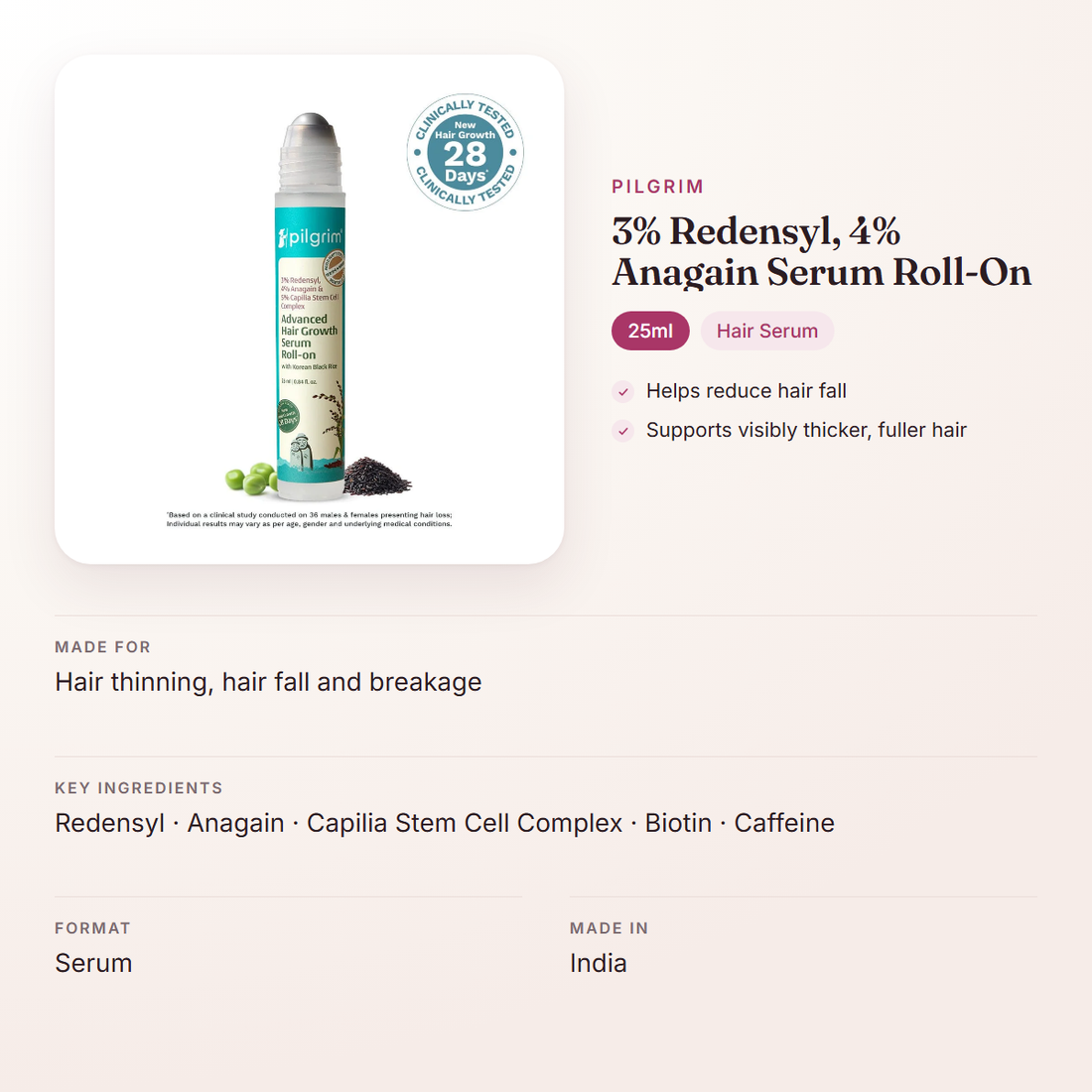 Pilgrim 3% Redensyl, 4% Anagain Serum Roll-On (25ml) – at a glance: what it is for, who it suits and key ingredients