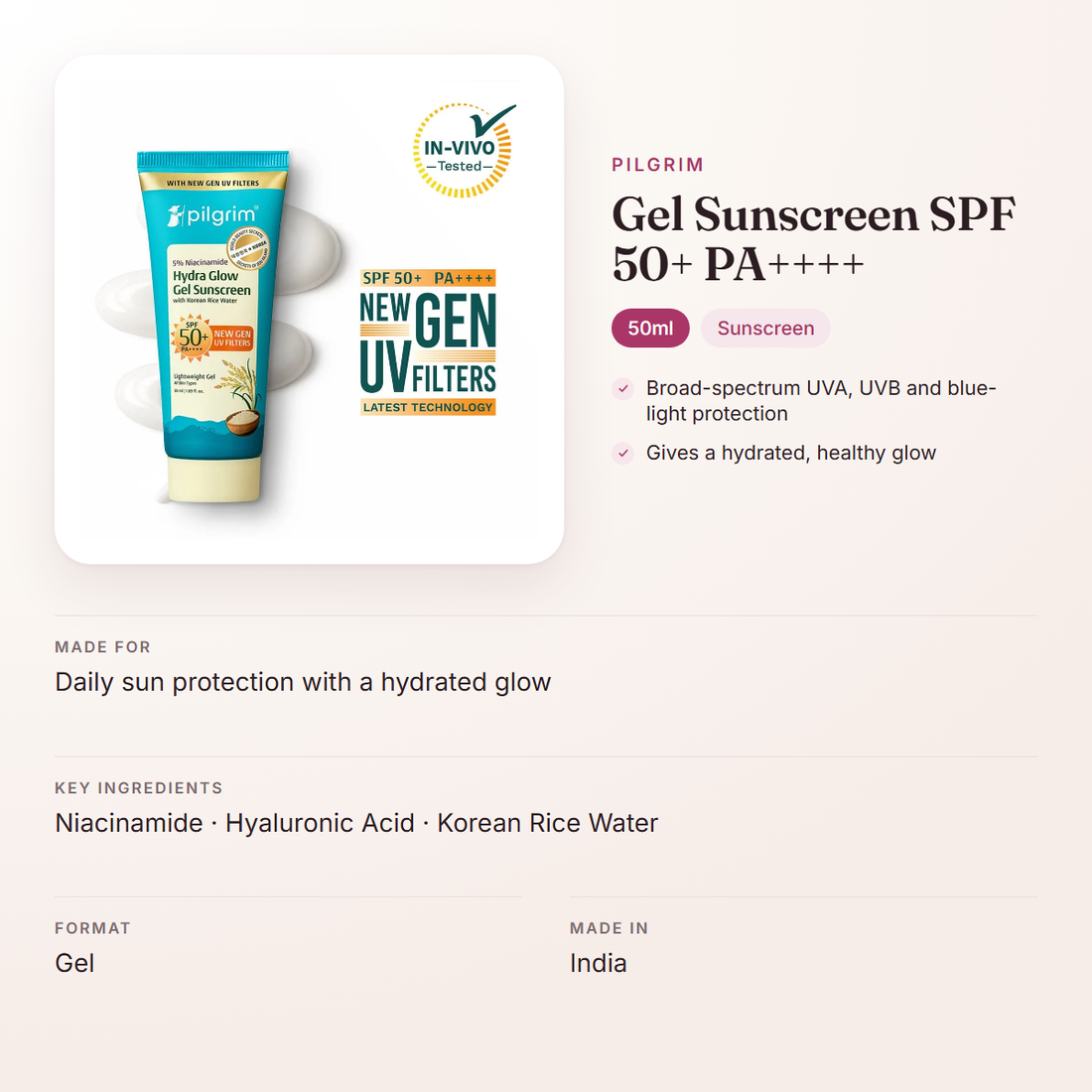 Pilgrim Gel Sunscreen SPF 50+ PA++++ (50ml) – at a glance: what it is for, who it suits and key ingredients