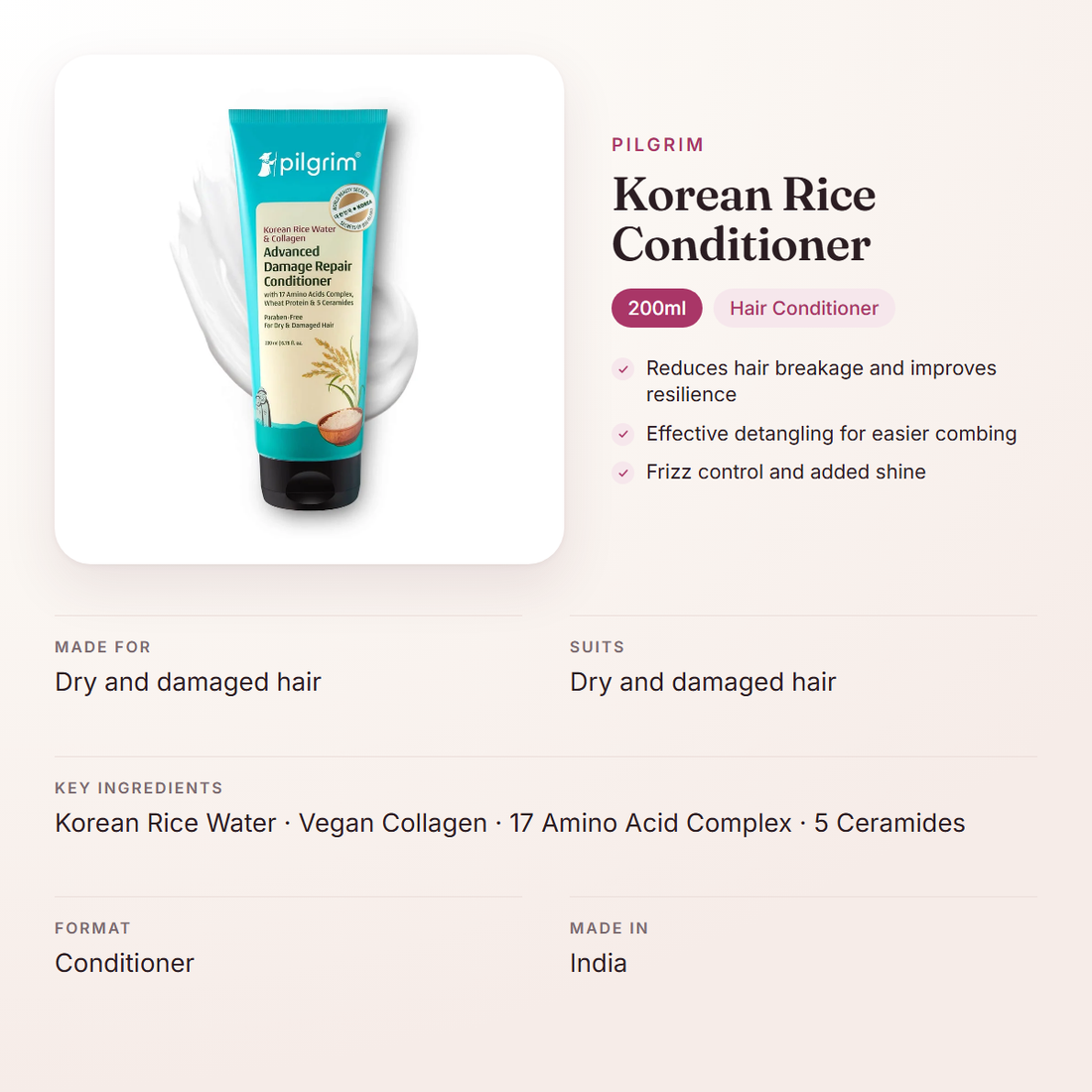 Pilgrim Korean Rice Conditioner (200ml) – at a glance: what it is for, who it suits and key ingredients