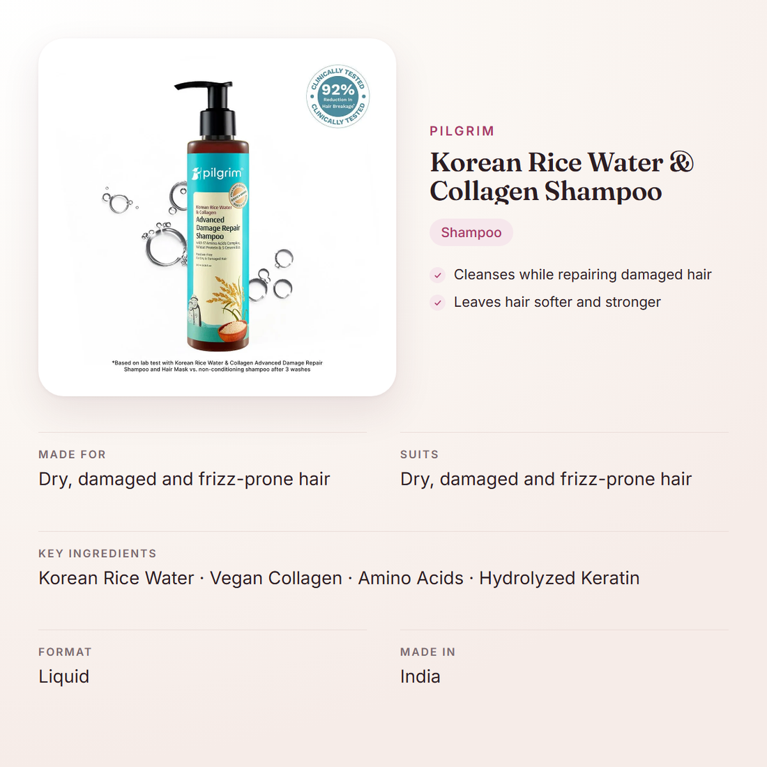 Pilgrim Korean Rice Water & Collagen Shampoo – at a glance: what it is for, who it suits and key ingredients