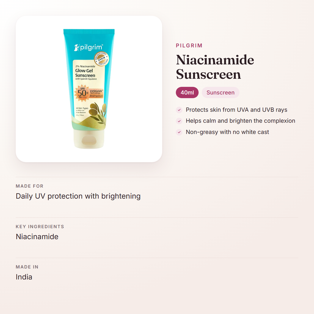 Pilgrim Niacinamide Sunscreen (40ml) – at a glance: what it is for, who it suits and key ingredients