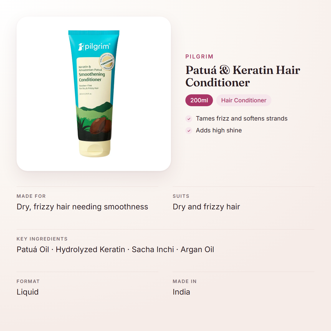 Pilgrim Patuá & Keratin Hair Conditioner (200ml) – at a glance: what it is for, who it suits and key ingredients