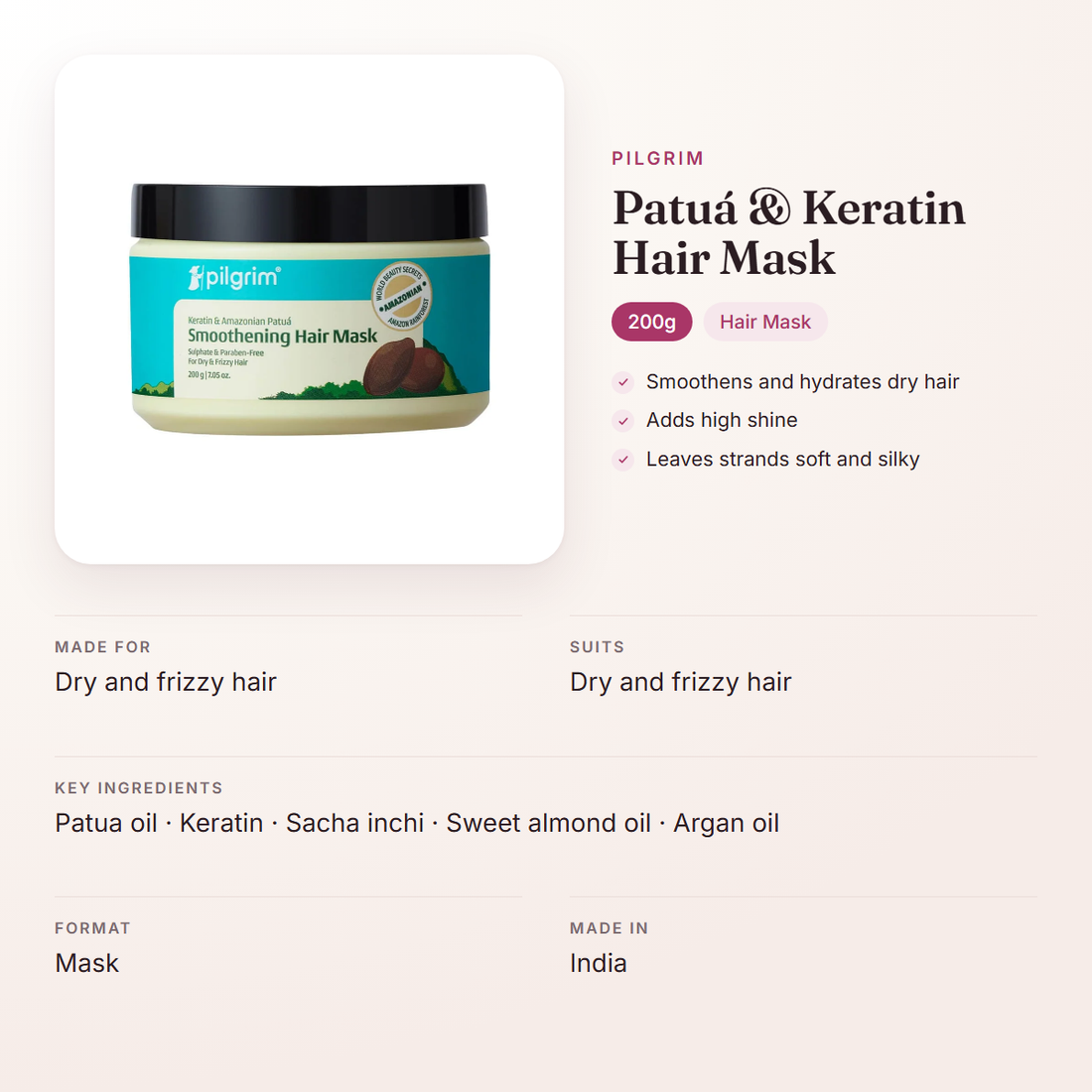 Pilgrim Patuá & Keratin Hair Mask (200g) – at a glance: what it is for, who it suits and key ingredients