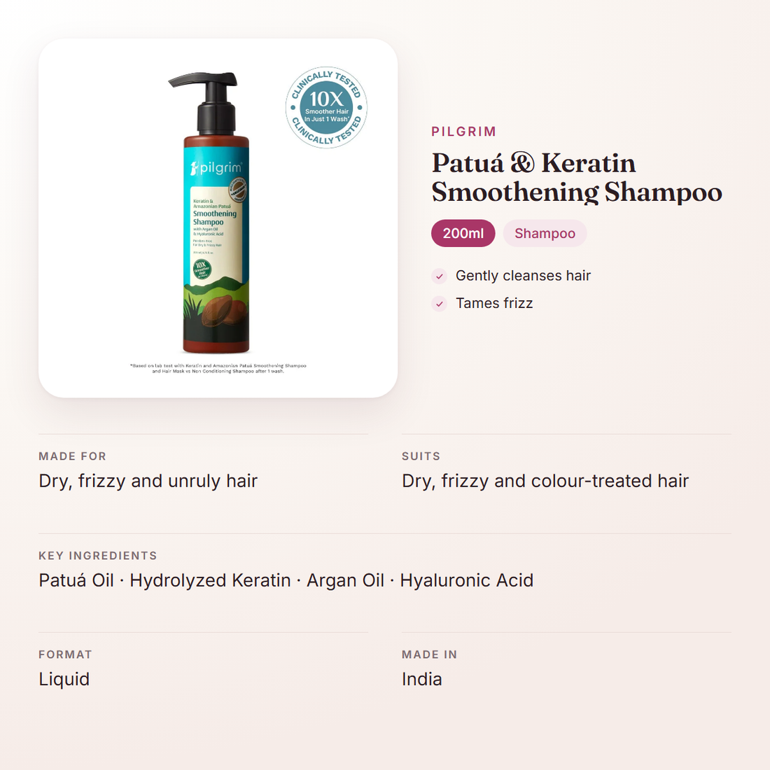 Pilgrim Patuá & Keratin Smoothening Shampoo (200ml) – at a glance: what it is for, who it suits and key ingredients
