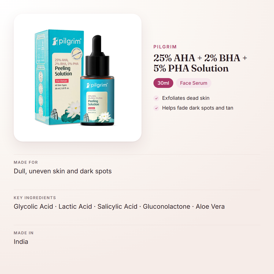 Pilgrim 25% AHA + 2% BHA + 5% PHA Solution (30ml) – at a glance: what it is for, who it suits and key ingredients