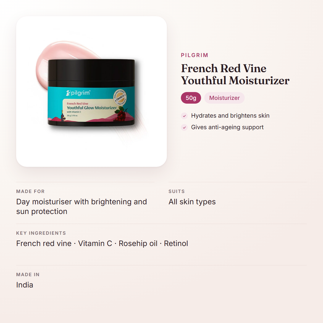 Pilgrim French Red Vine Youthful Moisturizer (50g) – at a glance: what it is for, who it suits and key ingredients
