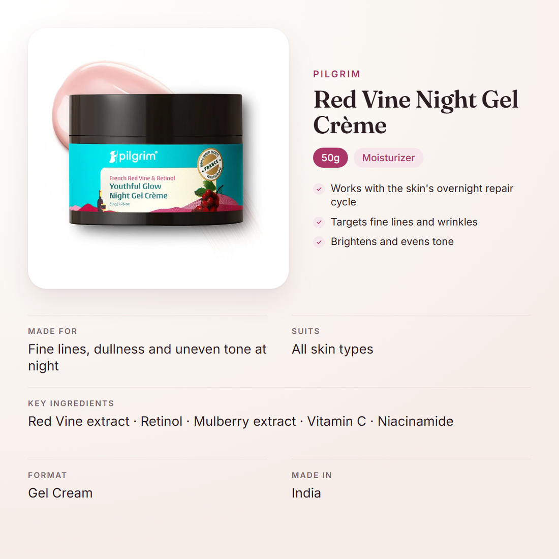 Pilgrim Red Vine Night Gel Crème (50g) – at a glance: what it is for, who it suits and key ingredients