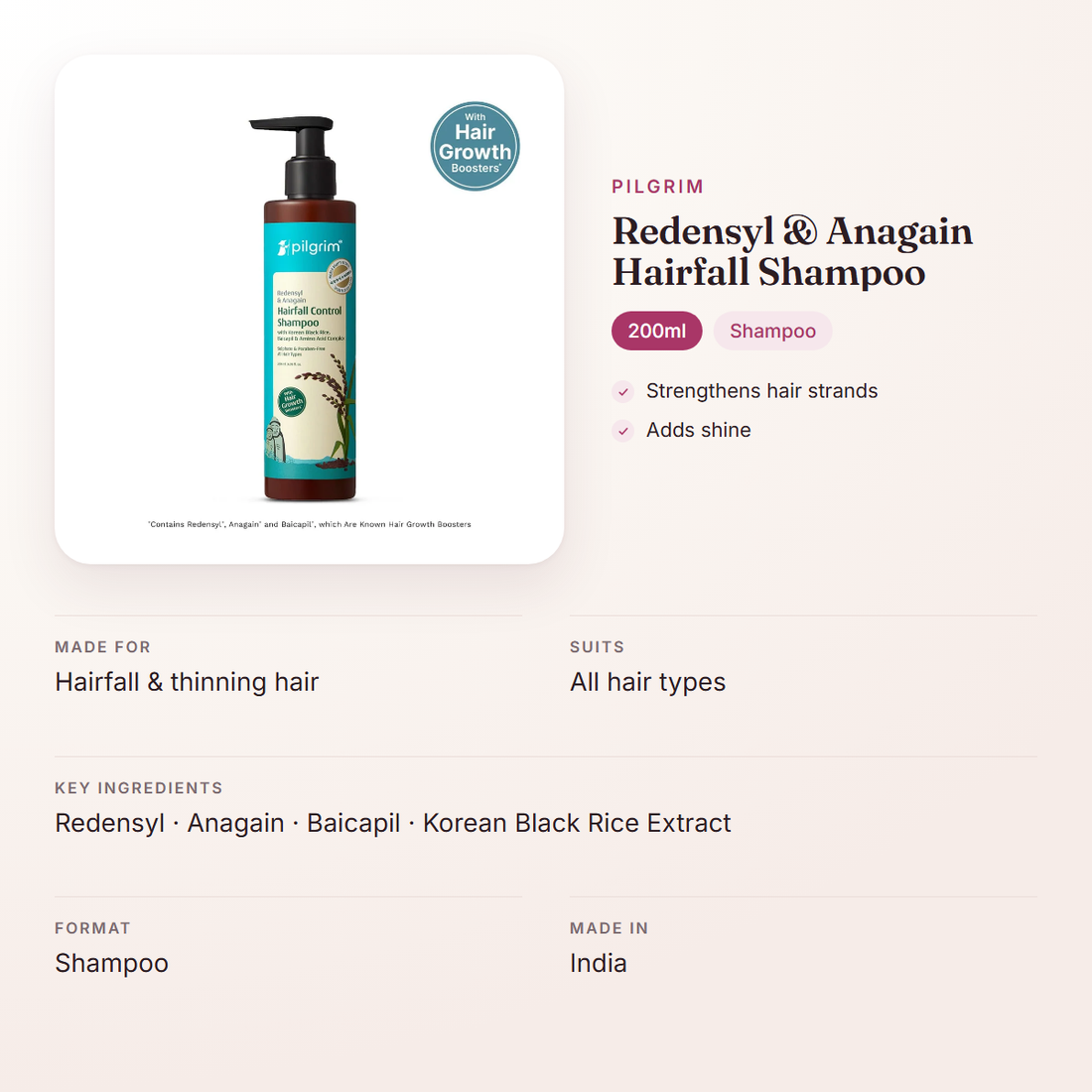Pilgrim Redensyl & Anagain Hairfall Shampoo (200ml) – at a glance: what it is for, who it suits and key ingredients