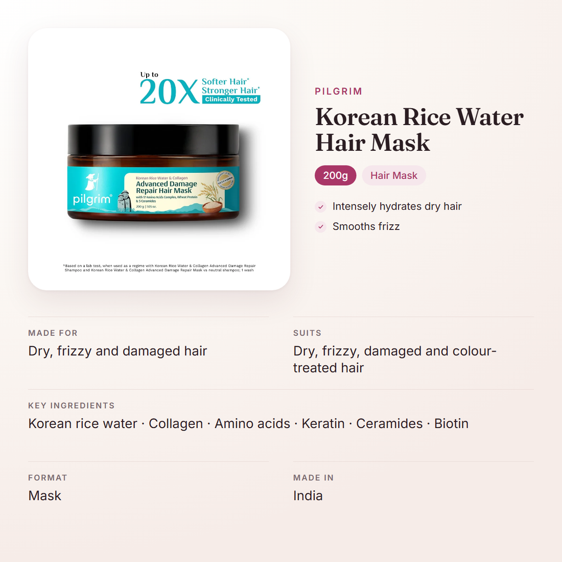 Pilgrim Korean Rice Water Hair Mask (200g) – at a glance: what it is for, who it suits and key ingredients