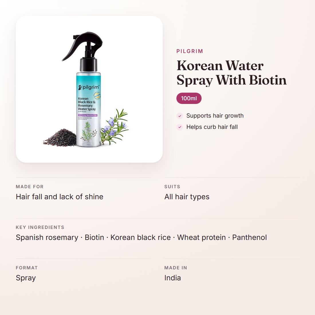Pilgrim Korean Water Spray With Biotin (100ml) – at a glance: what it is for, who it suits and key ingredients