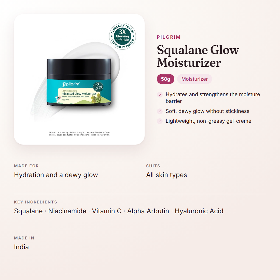 Pilgrim Squalane Glow Moisturizer (50g) – at a glance: what it is for, who it suits and key ingredients