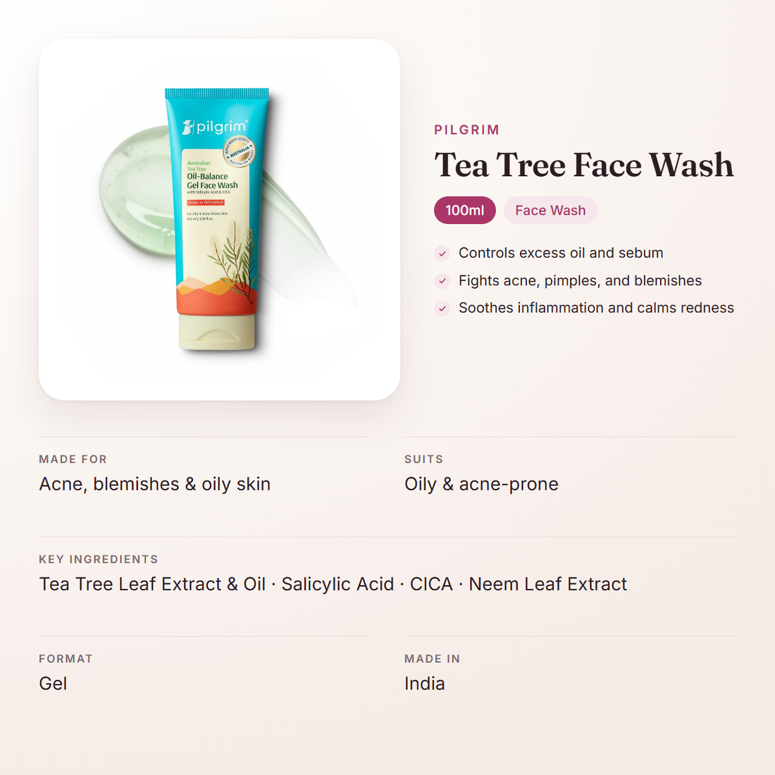 Pilgrim Tea Tree Face Wash (100ml) – at a glance: what it is for, who it suits and key ingredients