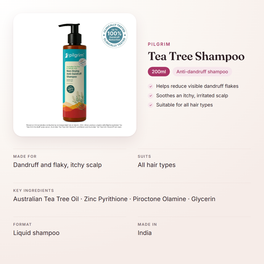 Pilgrim Tea Tree Shampoo (200ml) – at a glance: what it is for, who it suits and key ingredients
