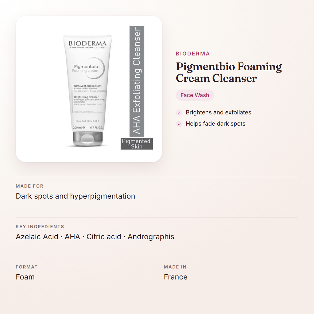Bioderma Pigmentbio Foaming Cream Cleanser – at a glance: what it is for, who it suits and key ingredients