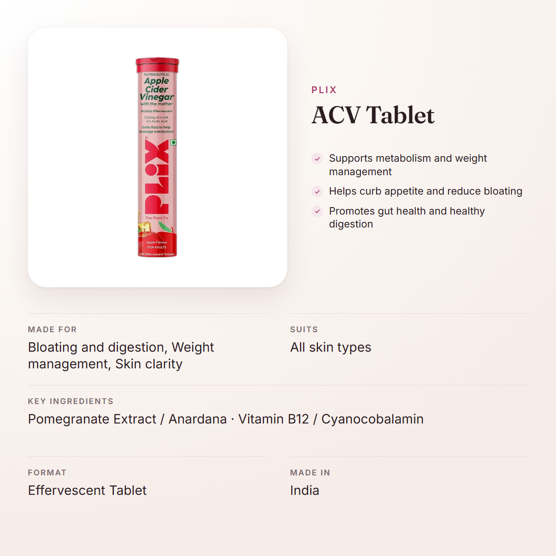 Plix ACV Tablet – at a glance: what it is for, who it suits and key ingredients