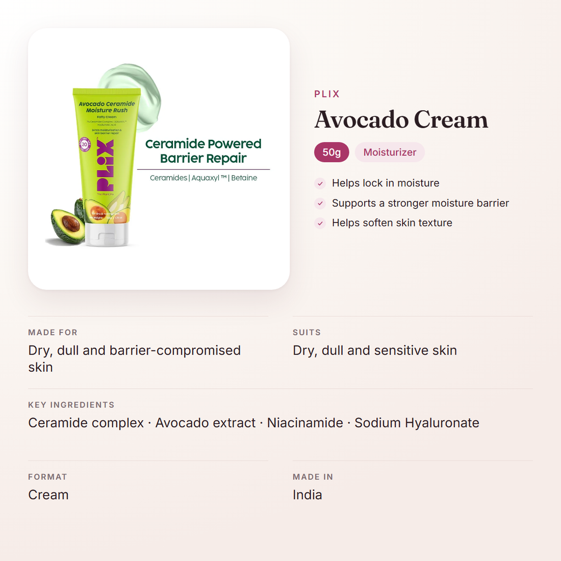 Plix Avocado Cream (50g) – at a glance: what it is for, who it suits and key ingredients