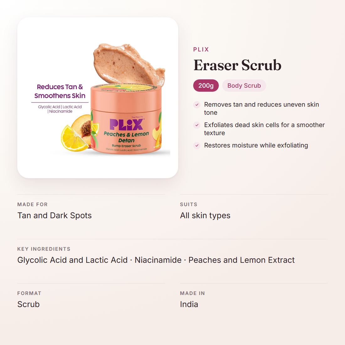 Plix Eraser Scrub (200g) – at a glance: what it is for, who it suits and key ingredients