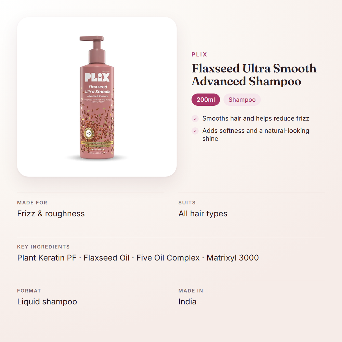 Plix Flaxseed Ultra Smooth Advanced Shampoo (200ml) – at a glance: what it is for, who it suits and key ingredients