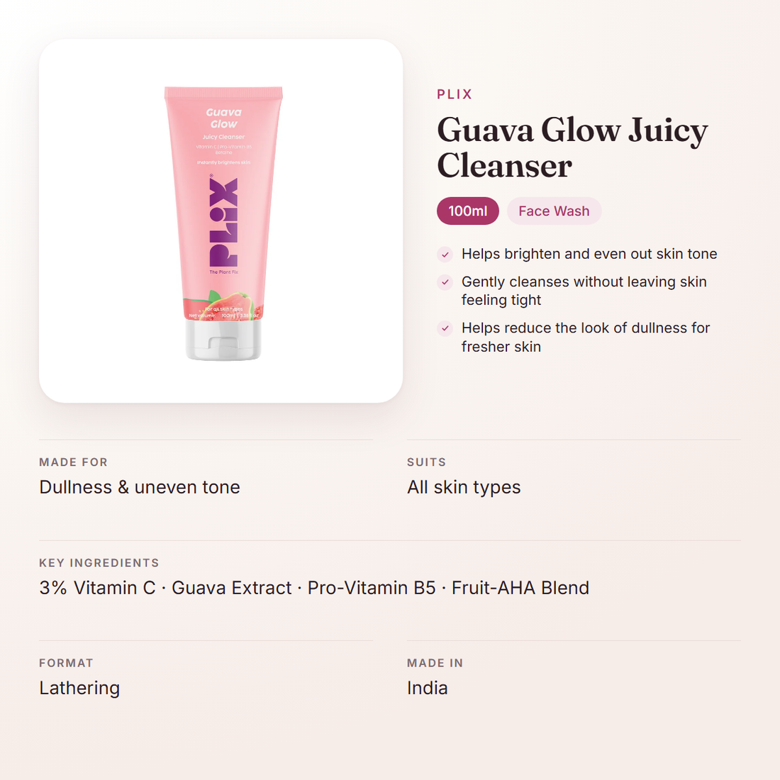 Plix Guava Glow Juicy Cleanser (100ml) – at a glance: what it is for, who it suits and key ingredients