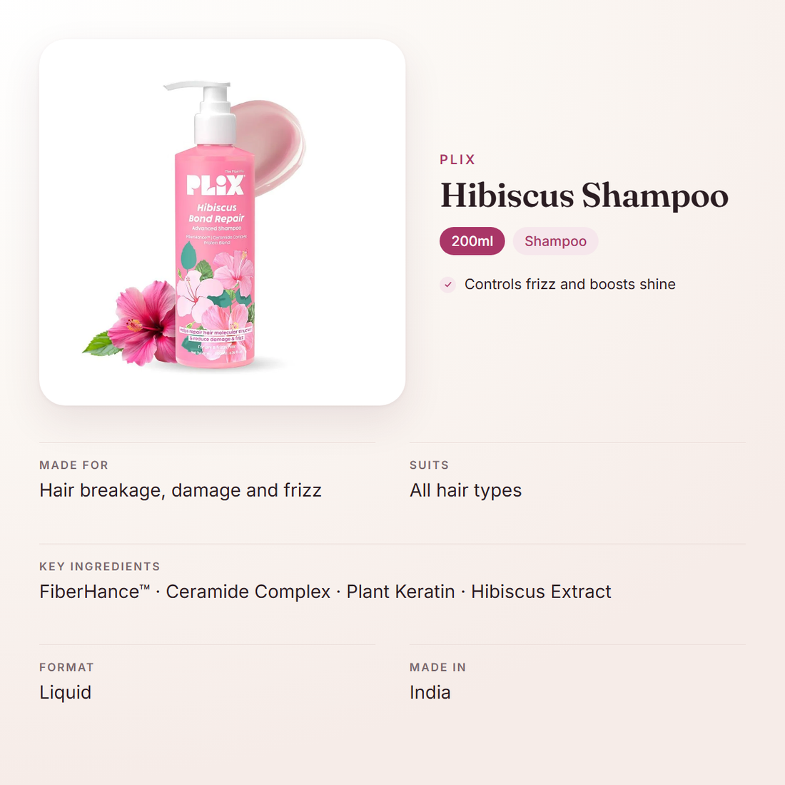 Plix Hibiscus Shampoo (200ml) – at a glance: what it is for, who it suits and key ingredients
