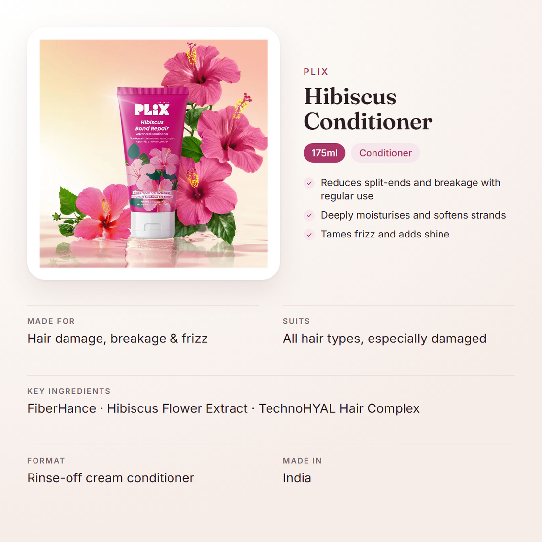 Plix Hibiscus Conditioner (175ml) – at a glance: what it is for, who it suits and key ingredients