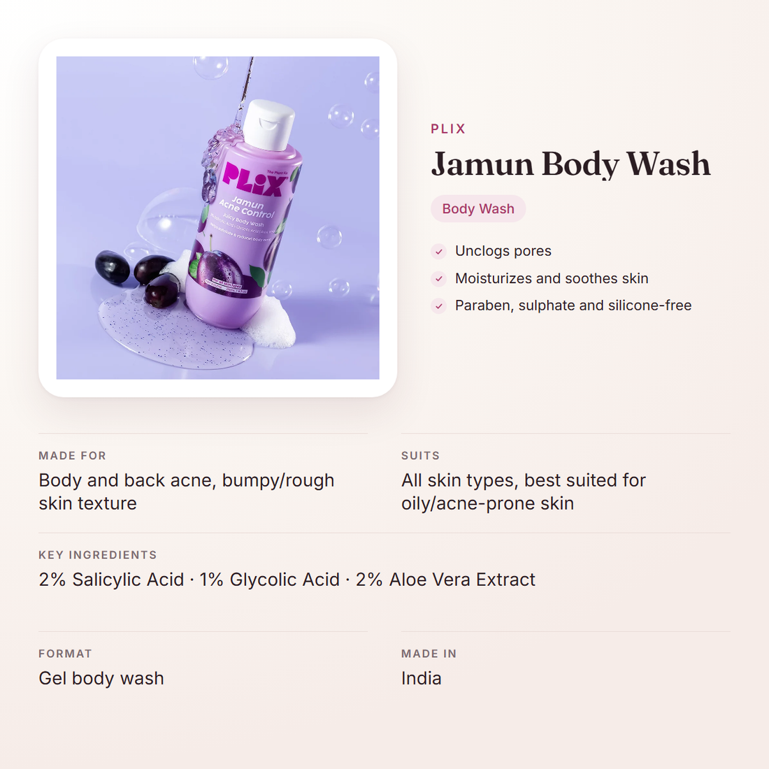 Plix Jamun Body Wash – at a glance: what it is for, who it suits and key ingredients