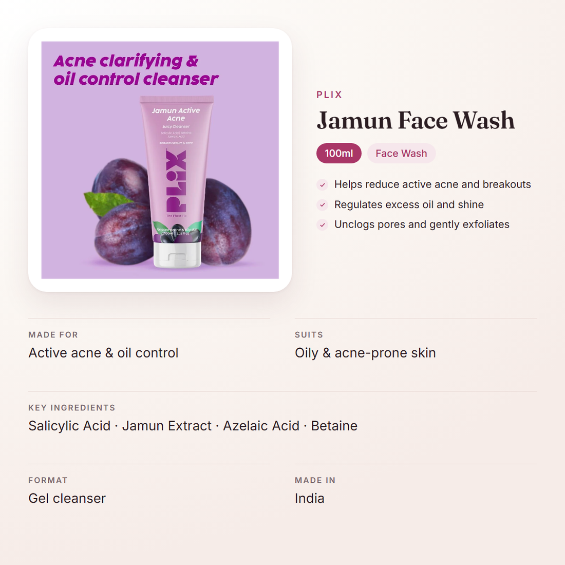 Plix Jamun Face Wash (100ml) – at a glance: what it is for, who it suits and key ingredients