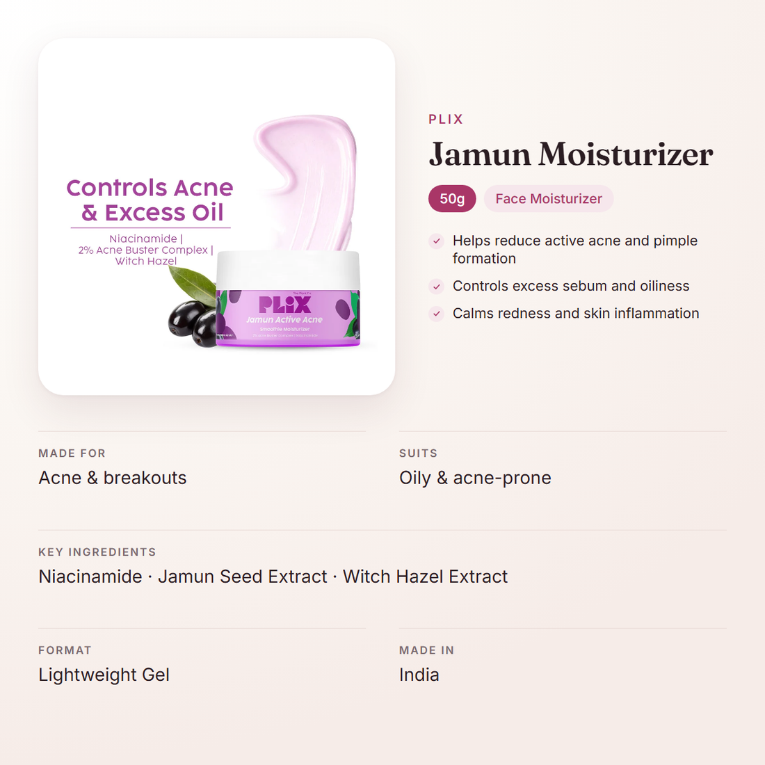 Plix Jamun Moisturizer (50g) – at a glance: what it is for, who it suits and key ingredients