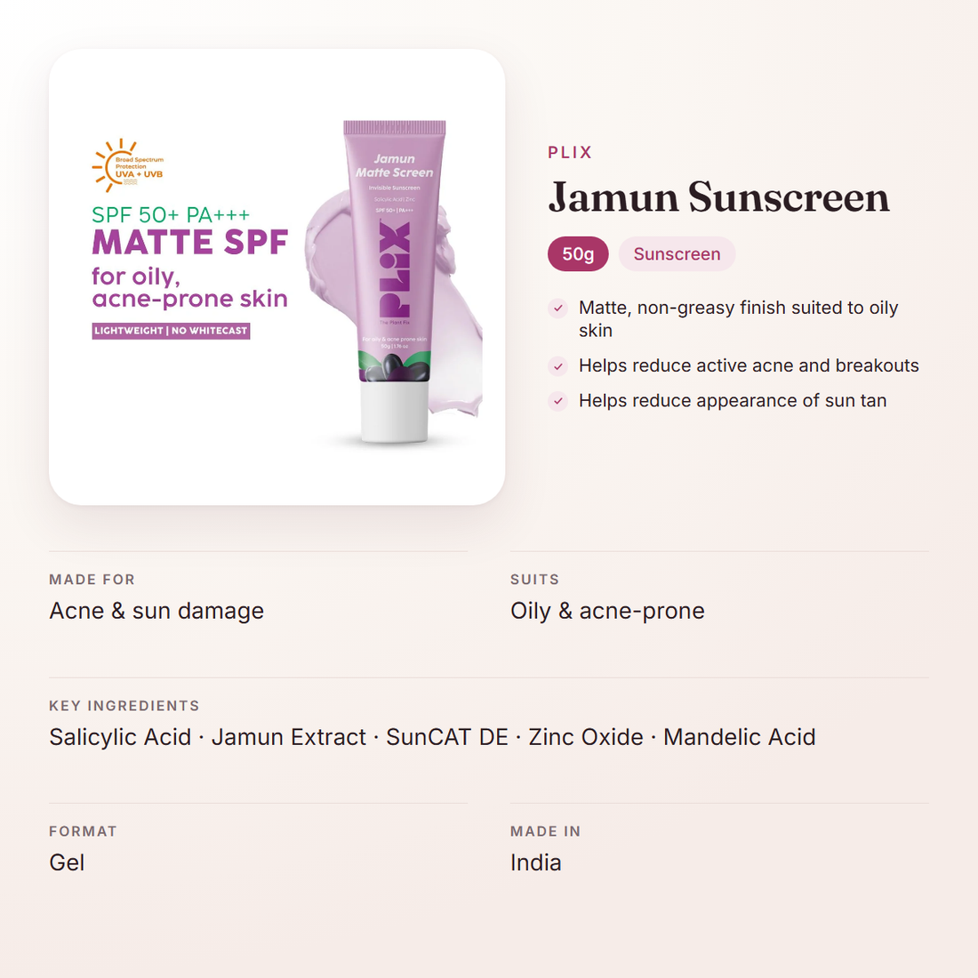 Plix Jamun Sunscreen (50g) – at a glance: what it is for, who it suits and key ingredients
