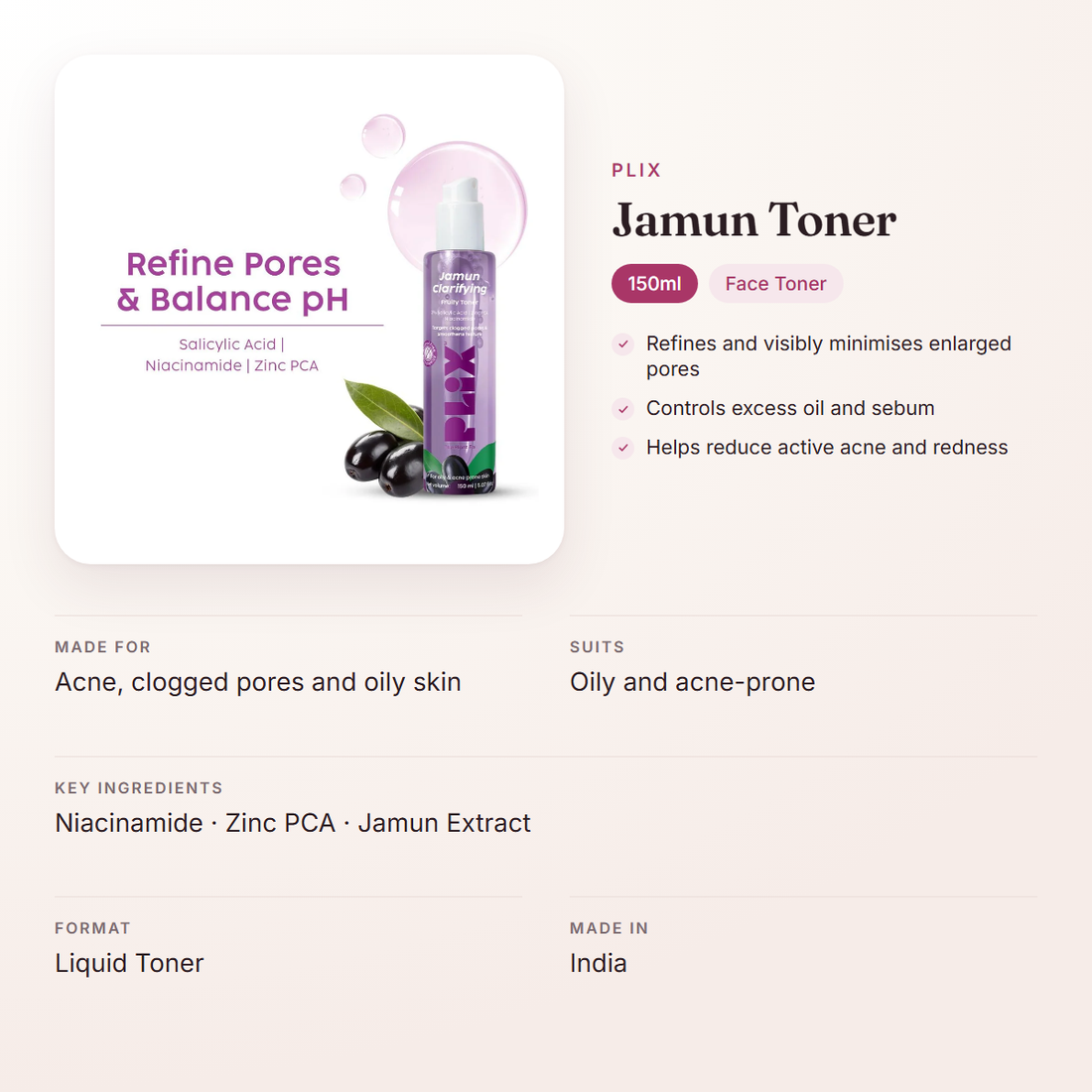 Plix Jamun Toner (150ml) – at a glance: what it is for, who it suits and key ingredients