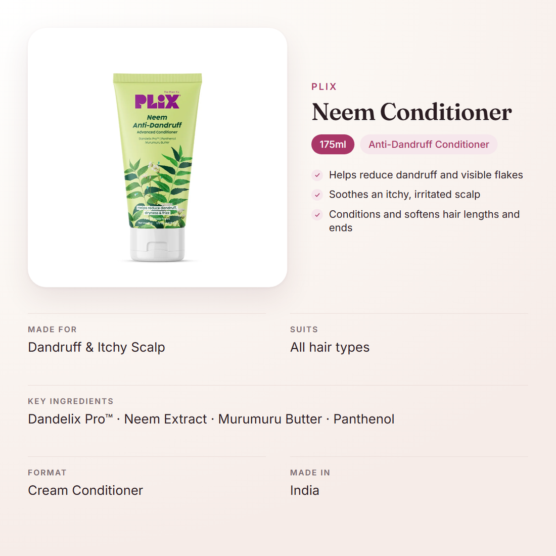 Plix Neem Conditioner (175ml) – at a glance: what it is for, who it suits and key ingredients