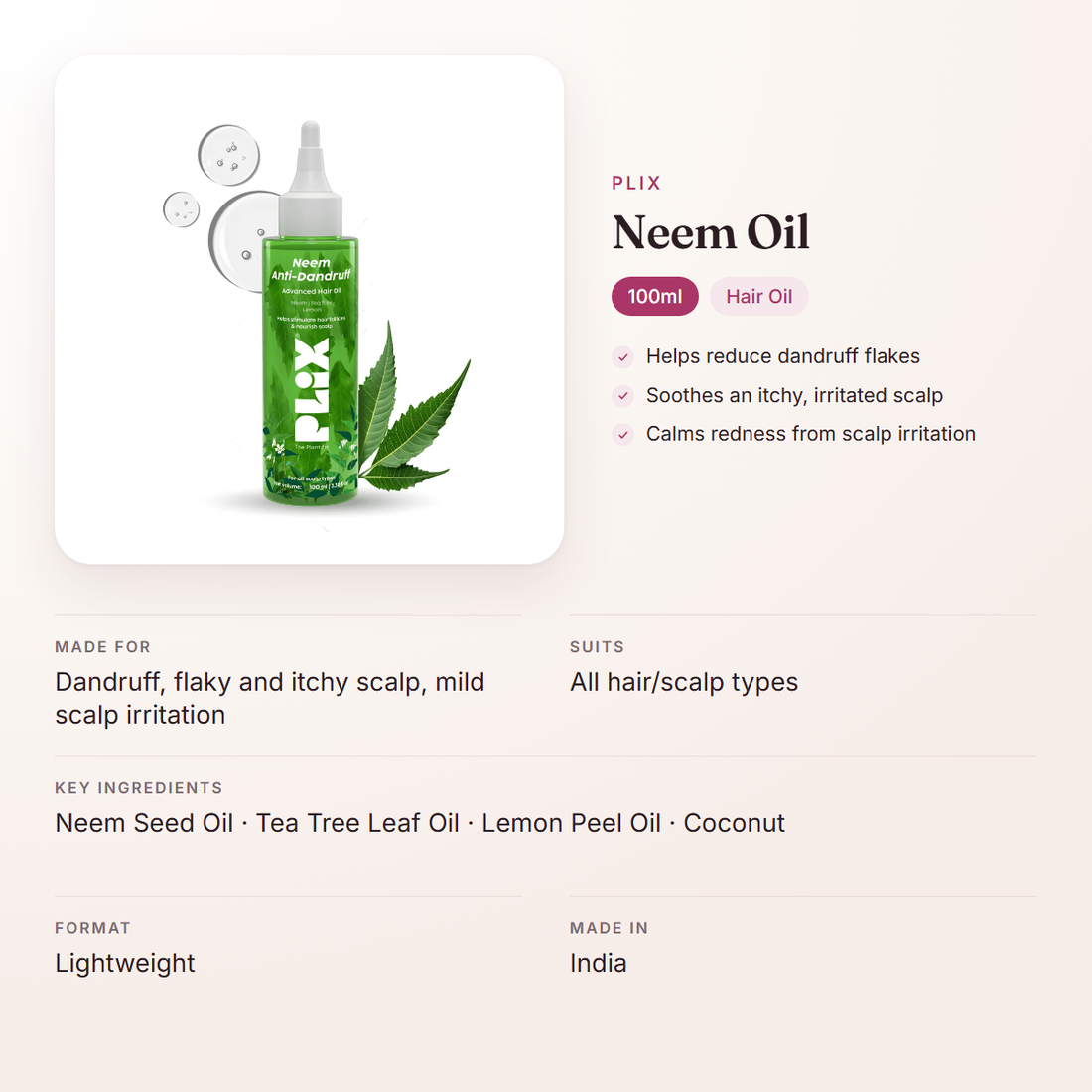 Plix Neem Oil (100ml) – at a glance: what it is for, who it suits and key ingredients