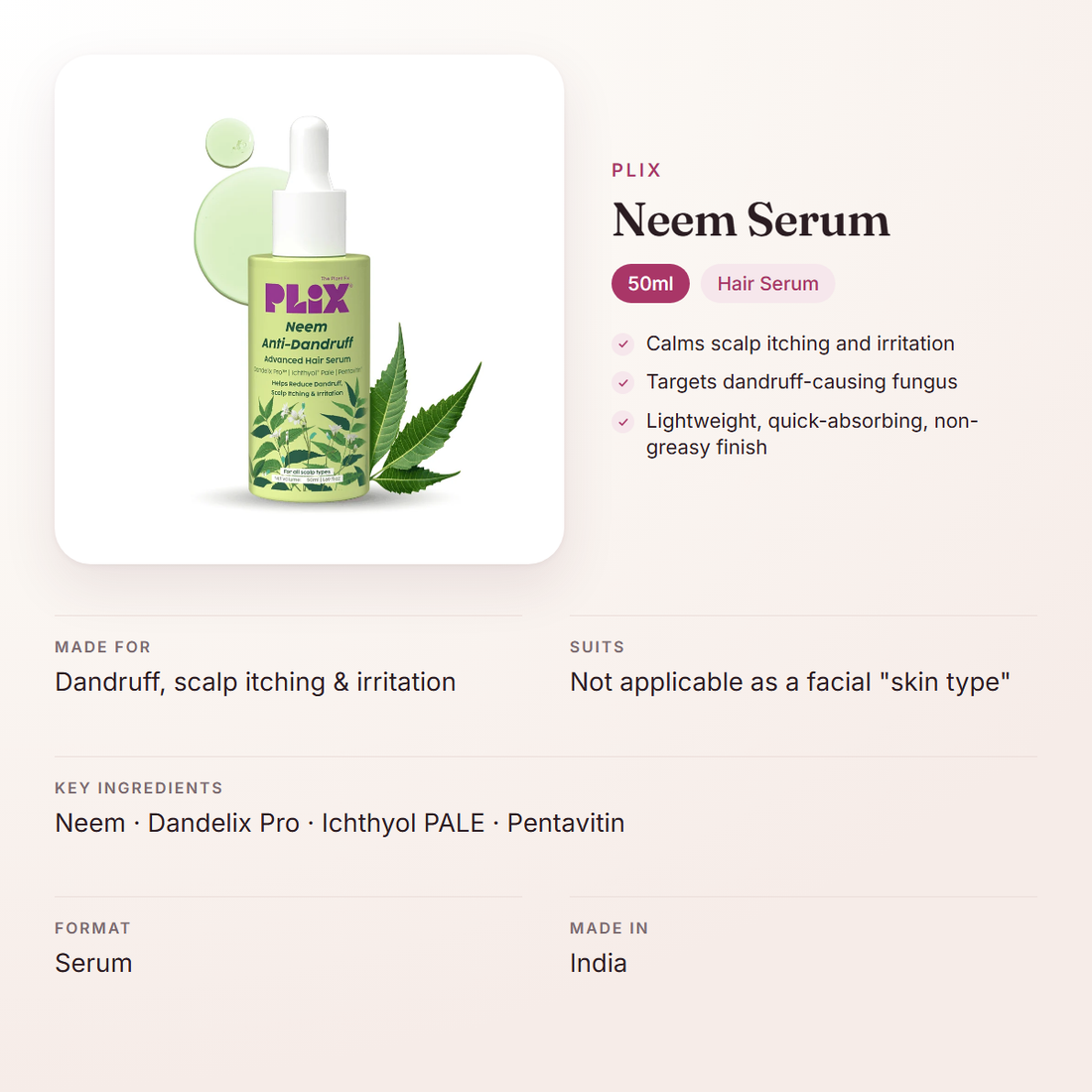 Plix Neem Serum (50ml) – at a glance: what it is for, who it suits and key ingredients