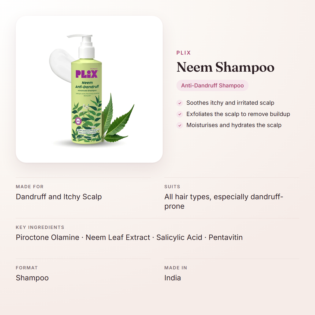 Plix Neem Shampoo – at a glance: what it is for, who it suits and key ingredients