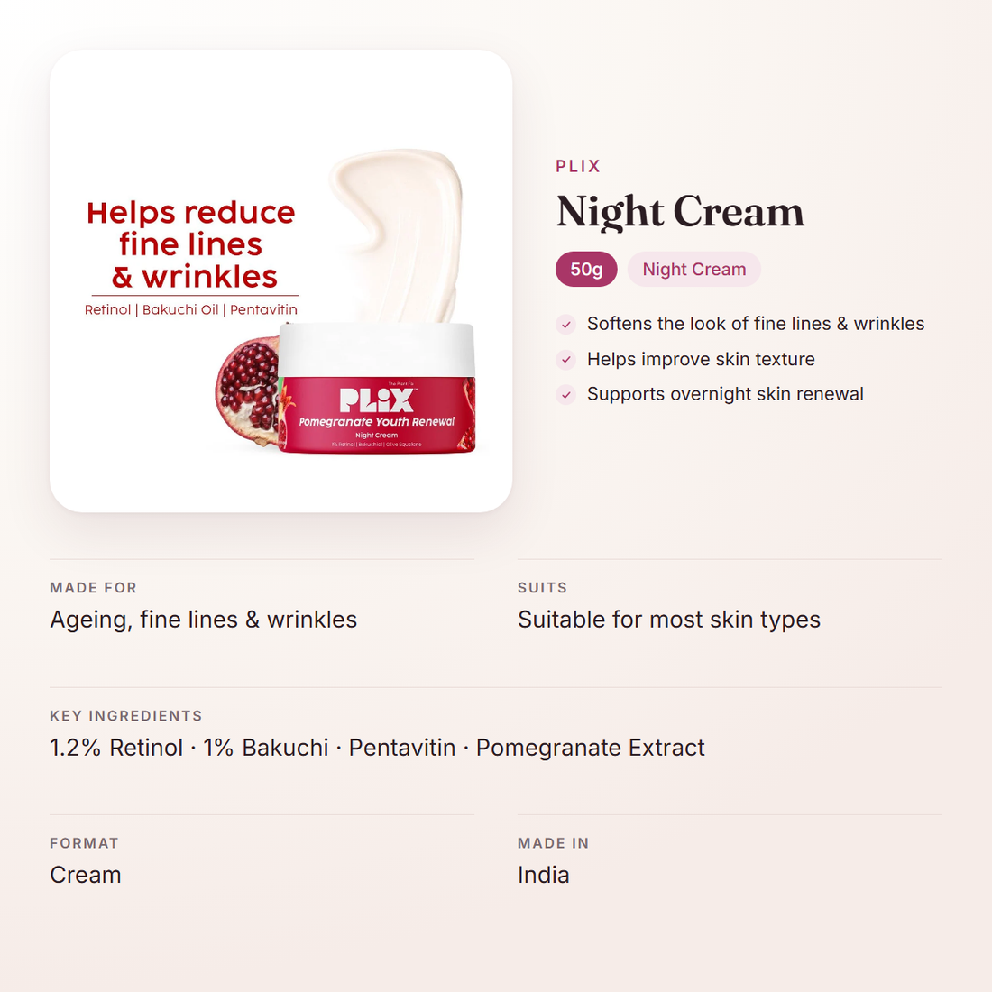 Plix Night Cream (50g) – at a glance: what it is for, who it suits and key ingredients