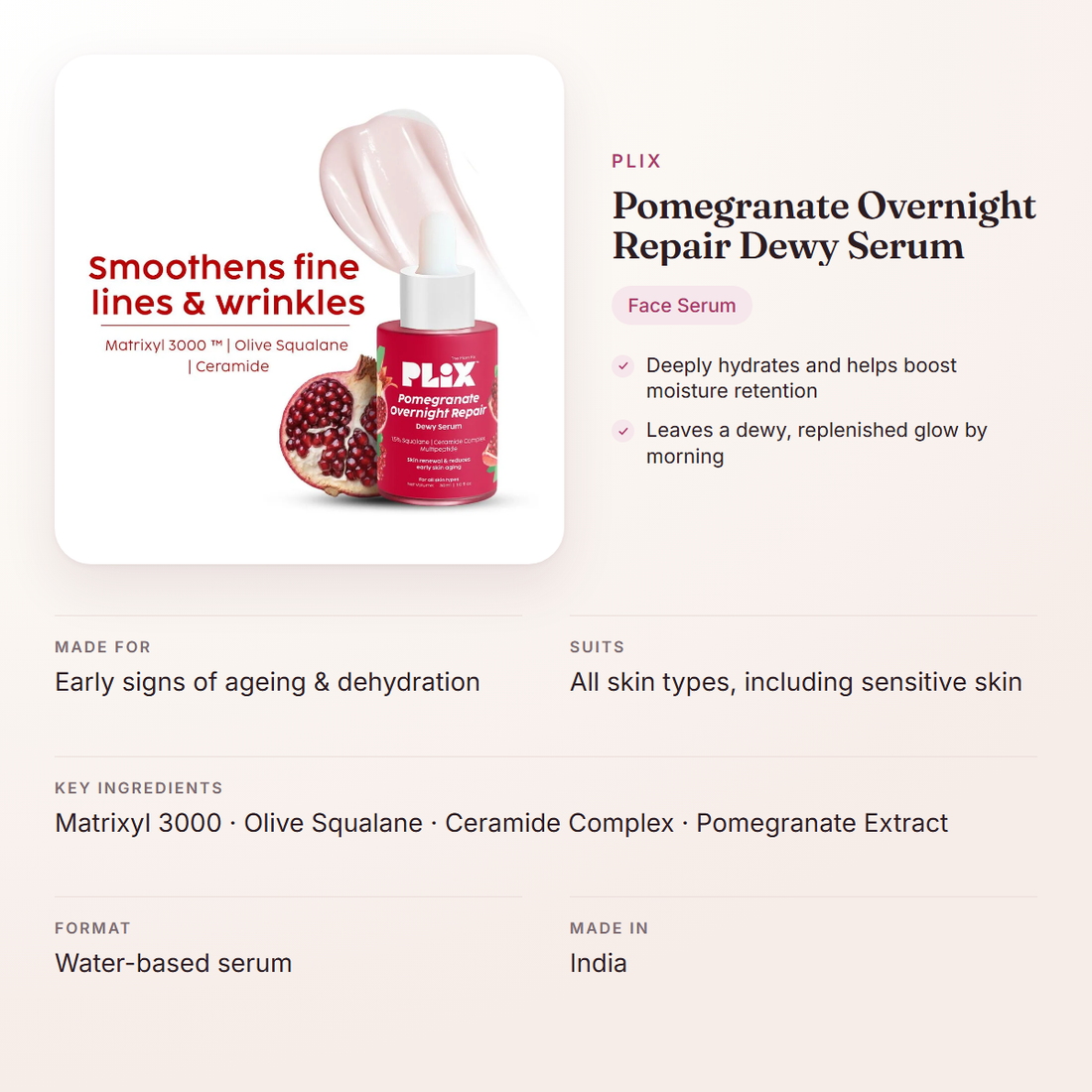 Plix Pomegranate Overnight Repair Dewy Serum – at a glance: what it is for, who it suits and key ingredients