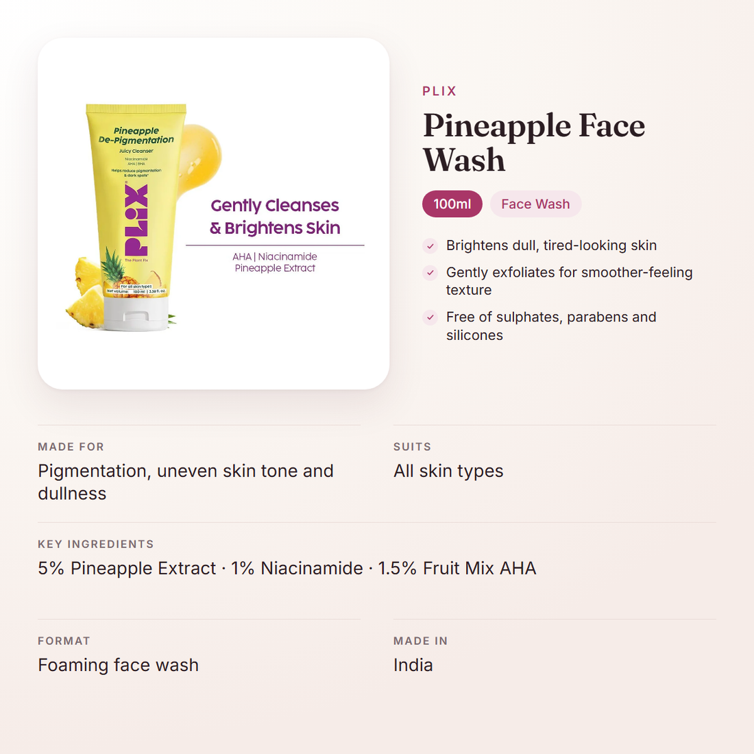 Plix Pineapple Face Wash (100ml) – at a glance: what it is for, who it suits and key ingredients