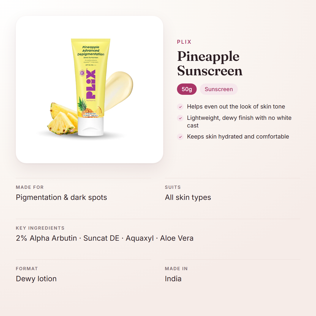 Plix Pineapple Sunscreen (50g) – at a glance: what it is for, who it suits and key ingredients