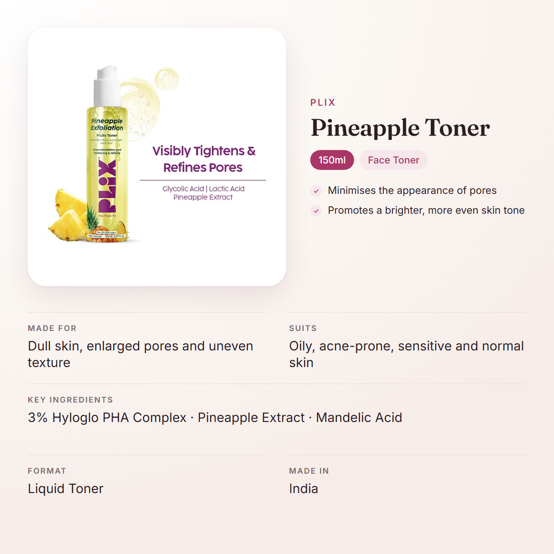 Plix Pineapple Toner (150ml) – at a glance: what it is for, who it suits and key ingredients