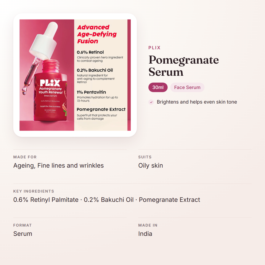 Plix Pomegranate Serum (30ml) – at a glance: what it is for, who it suits and key ingredients